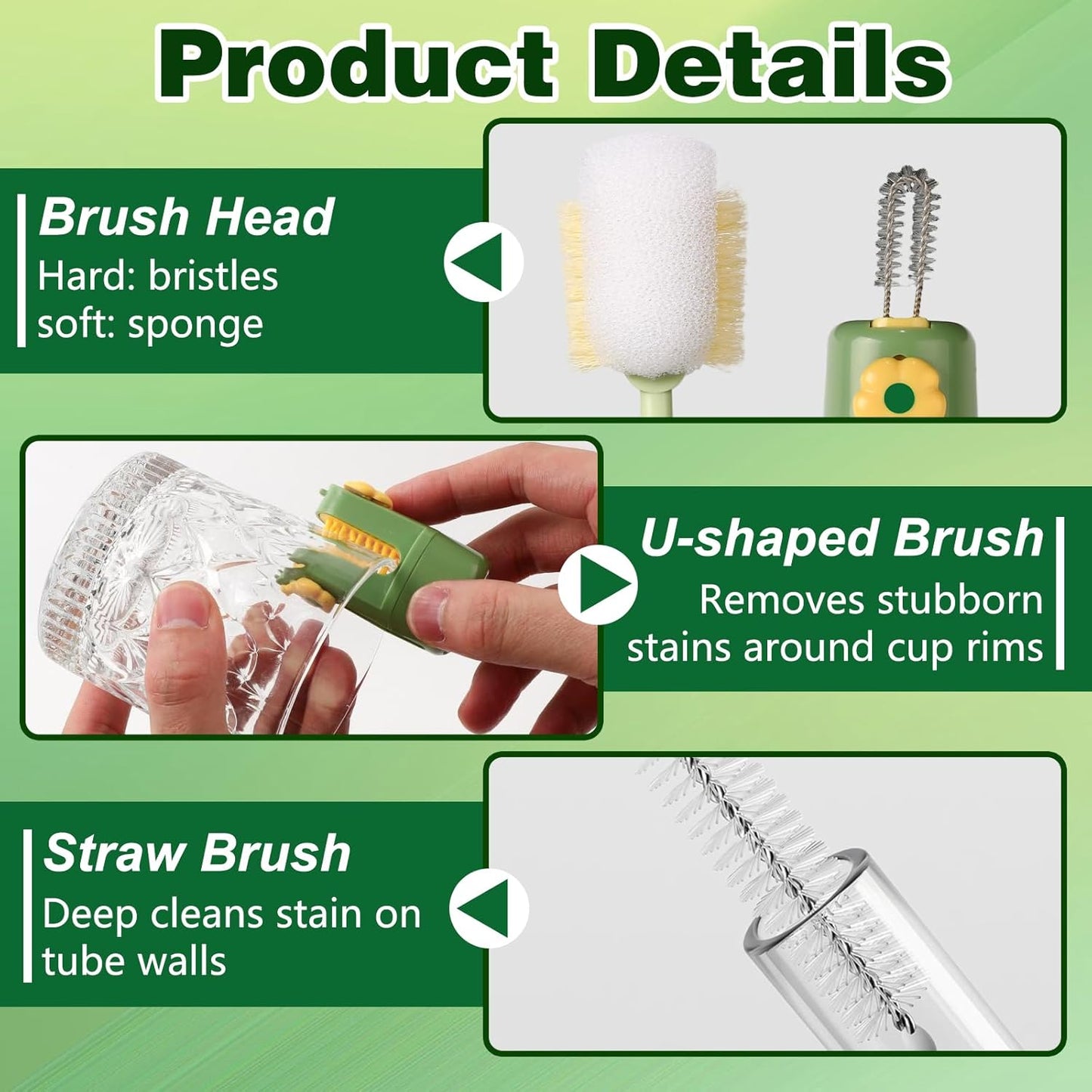 5 in 1 Bottle Cleaning Brush Set, 2026 Multifunctional Lid Brush Cleaning Tool Kitchen, Portable Long Handle Bottles Scrubber for Cup Lids, Hard Bristle Sponge Head Bottle Brushes (White and Green)