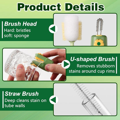 5 in 1 Bottle Cleaning Brush Set, 2026 Multifunctional Lid Brush Cleaning Tool Kitchen, Portable Long Handle Bottles Scrubber for Cup Lids, Hard Bristle Sponge Head Bottle Brushes (White and Green)