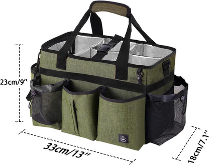 Large Cleaning Caddy Bag Built-in Sturdy Support Board, Cleaning Organizer with Detachable Divider, Cleaning Supply Tote with Adjustable Shoulder Strap&Waist Belt for Cleaners & Housekeeper