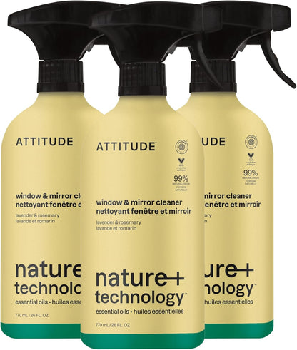 ATTITUDE Window & Mirror Cleaner Spray, Plant-Based Ingredients, EWG Verified, Streak Free, Removes Fingerprints, Dust and Dirt, Lavender & Rosemary, 26 Fl Oz