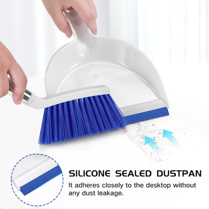 NACENA Mini Broom and Dustpan Set, Small Dust Pan and Brush Set with Handle Dustpan Teeth for Cleaning Hair Suitable for Office Desks Drawers Sofas Outdoor Camping, Light & Purple