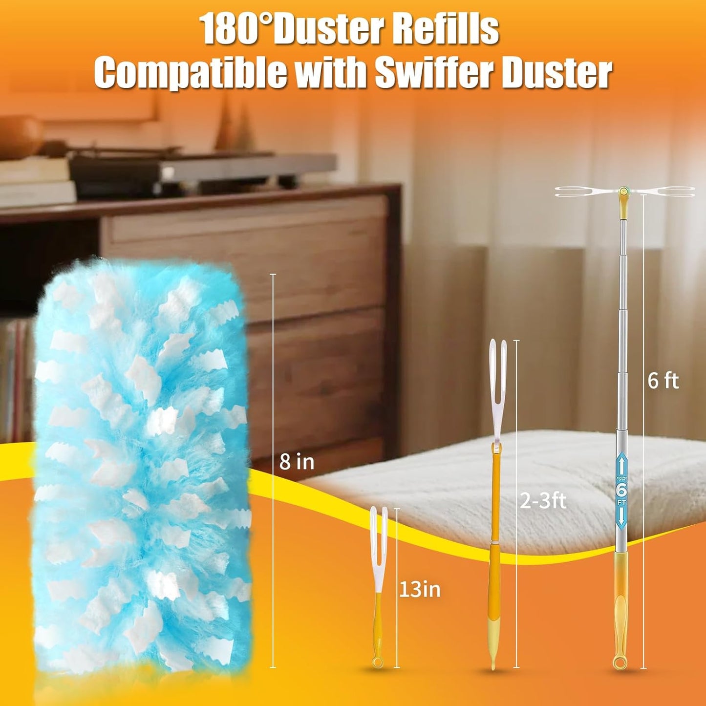 80 Count Duster Refills with 1 Short Handle & 3 ft Extendable Handle, Compatible with Swiffer Duster, 180° Disposable Microfiber Cleaning Dusters, Unscented