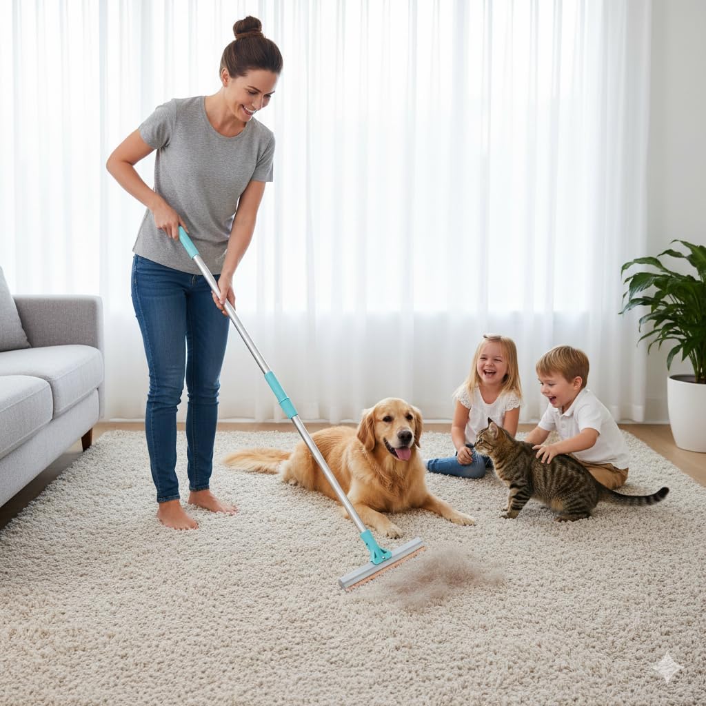 Carpet Rake for Pet Hair Removal 3-Section Dog Hair Remover Broom for Couch, Rug Fluffer for Matted Carpet, Reusable Tool for Furniture, Stairs & Car Interiors