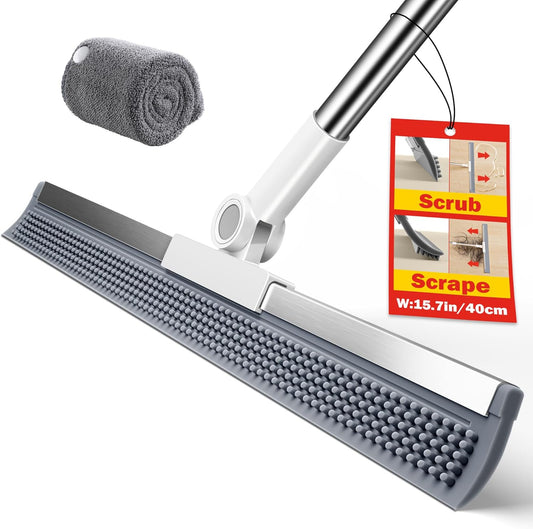Floor Squeegee with Long Handle, 180° Rotating Silicone Broom for Concrete & Tile Floors, Squeegee for Water Removal on Garage, Bathroom and Deck, Adjustable 35–62 in Handle, 2 Pads