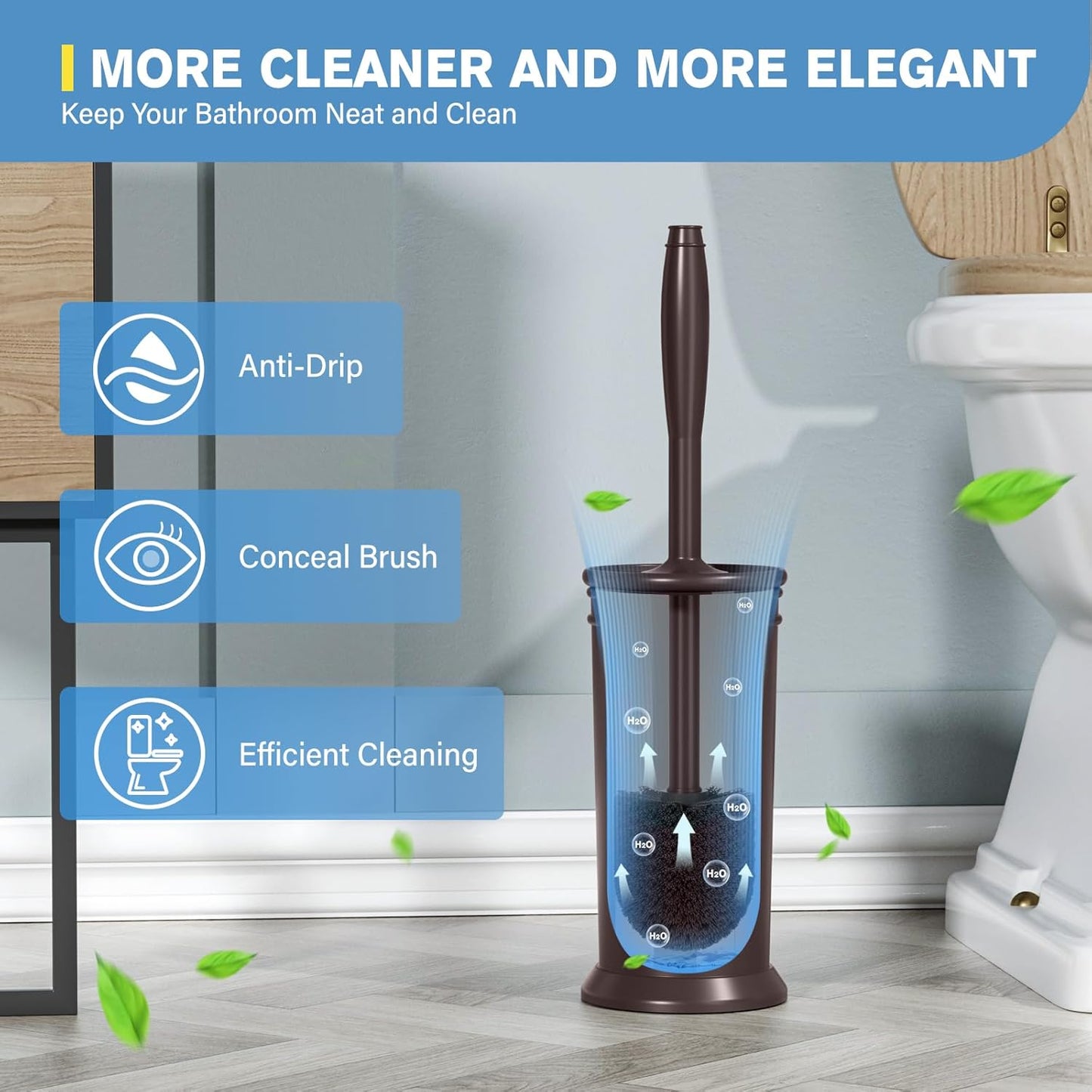 Toilet Brush, Aluminum Alloy Toilet Brush and Holder Set with Long Handle Durable Bristles Toilet Bowl Brush and Covered Holder for Toilet Scrubber for Bathroom Cleaning (2Pcs Dark Brown)