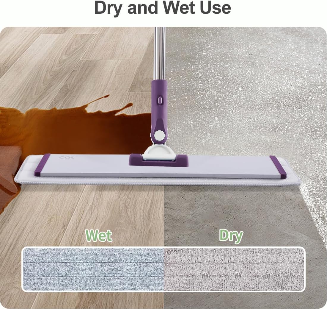 CQT Commercial Flat Microfiber Floor Mop Cleaning System 18" Inch Wet Dry and Dust Hardwood with 4 Washable Pads Cleaner for Laminate Tile Stainless Steel Handle and Extension (PT12-WET)