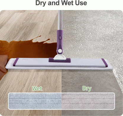 CQT Commercial Flat Microfiber Floor Mop Cleaning System 18" Inch Wet Dry and Dust Hardwood with 4 Washable Pads Cleaner for Laminate Tile Stainless Steel Handle and Extension (PT12-WET)