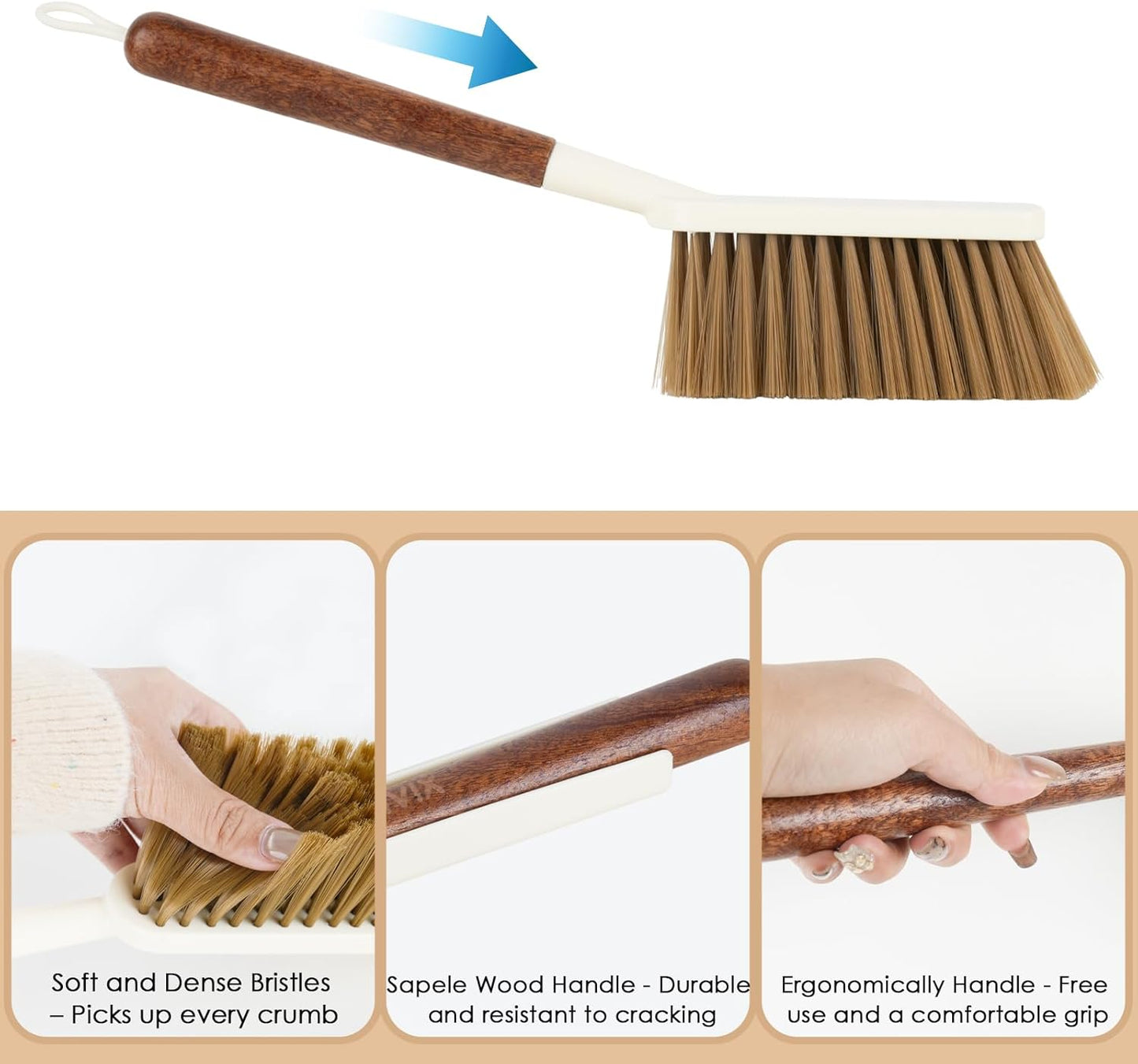 Hand Broom and Dustpan Set,Portable Small Dustpan and Brush Set with Sapele Wood Handle,Teeth Design,Compact Hangable Broom with Dustpan for Cleaning Desktops Kitchen Sofa Pet Hair,Beige