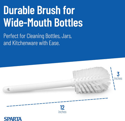 SPARTA Large Water Bottle Brush Ideal for Wide-Mouth Jars, Bottles and Tumblers, Dishwashing Tool with Handle for Home and Commercial Kitchens, Plastic, 12 Inches, White