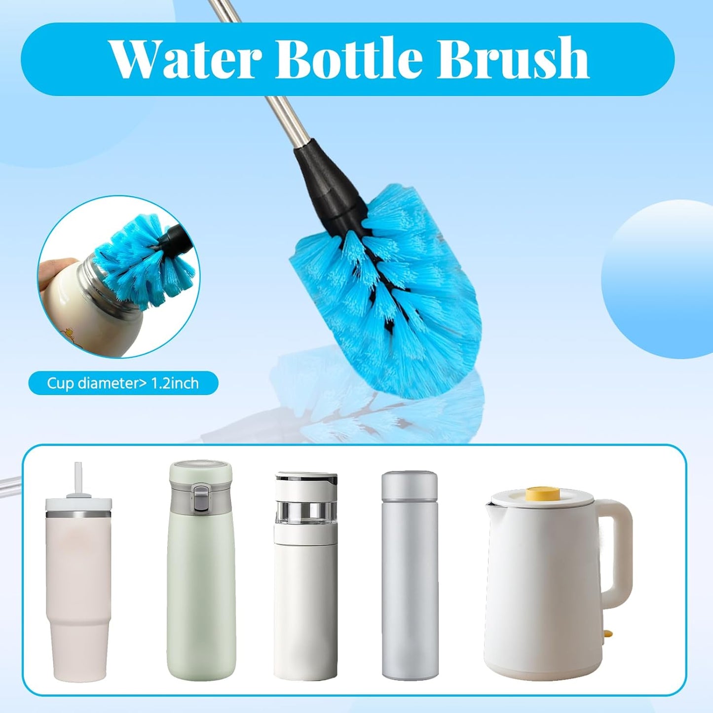 4-in-1 Bottle Brush, Long Handle Water Bottle Brush & Straw Cleaner Brush, Lid Brushe, for Cleaning Water Bottle, Flask, Wine Decanters, Coffee Mugs,Baby Bottles