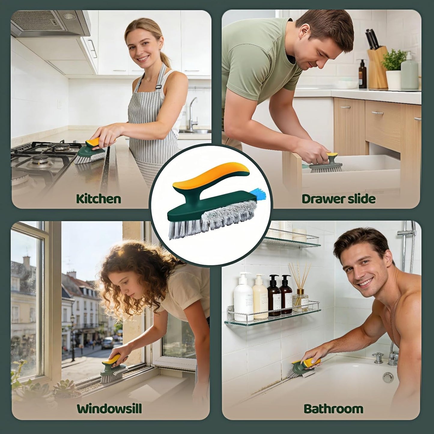 Multifunctional Tile Grout Cleaning Brush with V-Shaped Bristles, 180° Rotating Head, Rubber Wiper Strip, Green and Yellow