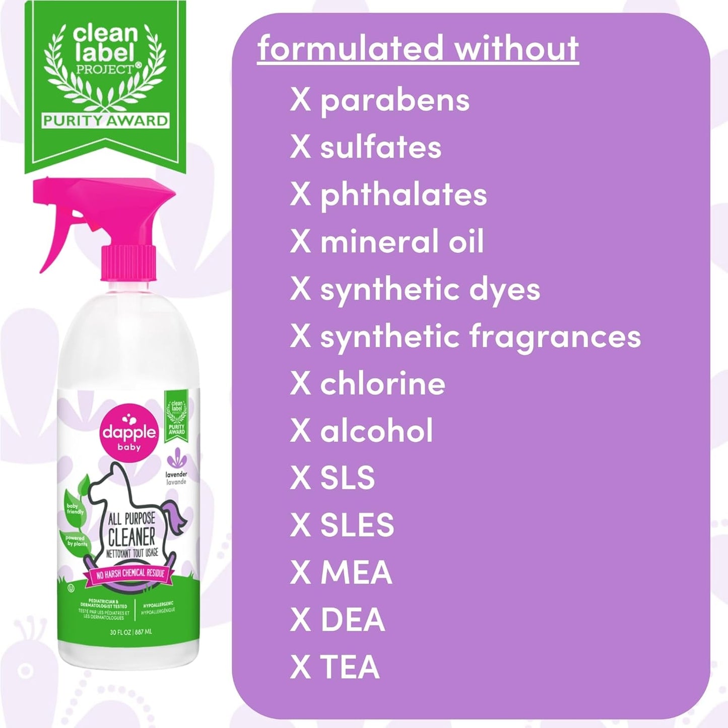 Dapple Baby All Purpose Cleaning Spray, Hypoallergenic for Toys, High Chairs, Swings, Counters, Powered by Plants, 1 Pump Included, Lavender, 30 Fl Oz (Pack of 2)