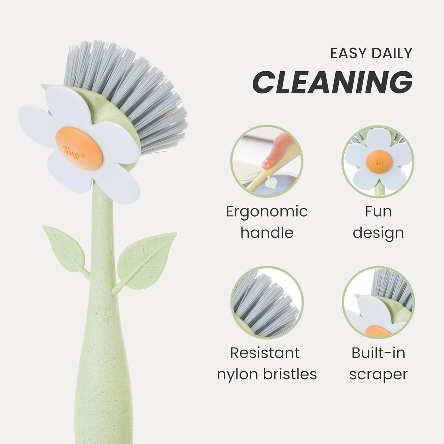 Vigar Florganic Daisy-Shaped Dish Brush, a Dish Brush with Handle, and a Dish Brush with Stand for Pot Scrubber, Kitchen Dishes, and Sink Cleaning