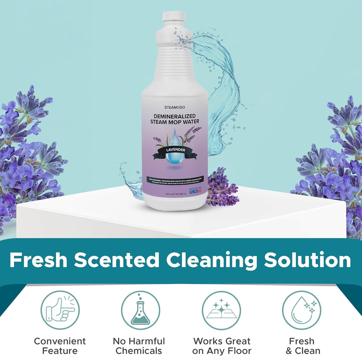 Steam & Go Demineralized Water for Steam Cleaner - PVC-Free Floor Cleaning Solution Compatible for All Steam Mops - Multi-Surface Cleaner for Home Surfaces - Lavender Scent, 32 oz