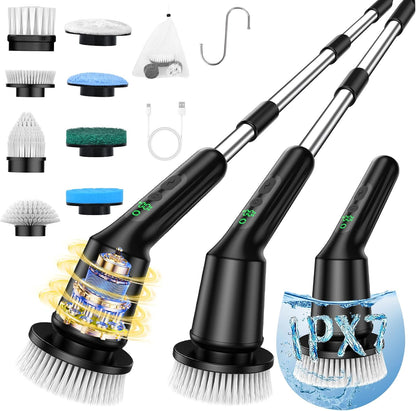 Shower Scrubber with Long Handle, Shower Cleaner Brush with 8 Brush Heads, Cordless Electric Spin Scrubber for Cleaning with 2 Speed, Cleaning Supplies for Bathroom Bathtub Kitchen Floor Tile Toilet