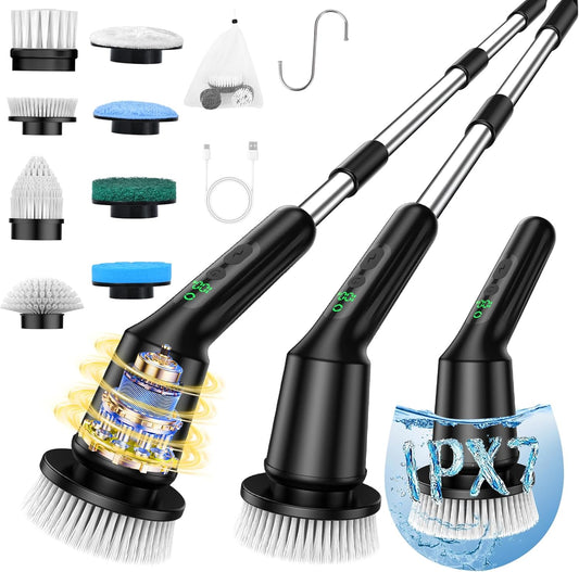 Shower Scrubber with Long Handle, Shower Cleaner Brush with 8 Brush Heads, Cordless Electric Spin Scrubber for Cleaning with 2 Speed, Cleaning Supplies for Bathroom Bathtub Kitchen Floor Tile Toilet