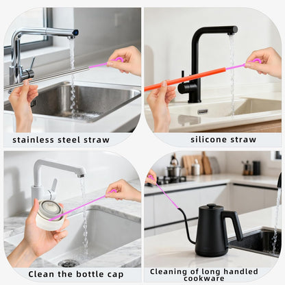 Silicone Straw Cleaner Brush, 4-Piece Reusable Straw Brush Set with Extra-Long Design for Cleaning Thin Metal Straws and Wider Milkshake Straws （6mm+9mm Pink)