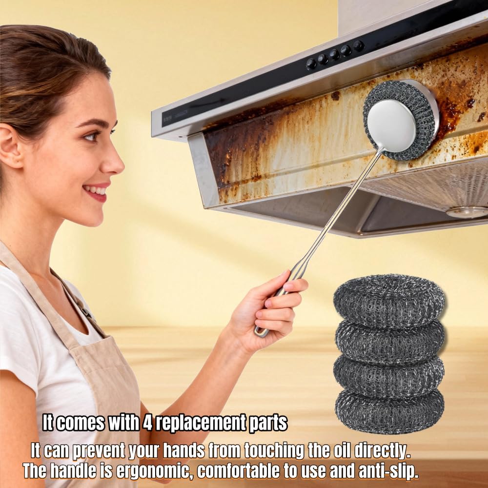 Steel Wool Scrubber with Handle: 7Pcs Stainless Steel Scrubber Brush Set – 1 Long Brushes,1 Short Brushes,4 Replaceable Pads,1 Screwdriver for Home Cooks,BBQ Enthusiasts,Anti-Scratch,for Kitchen