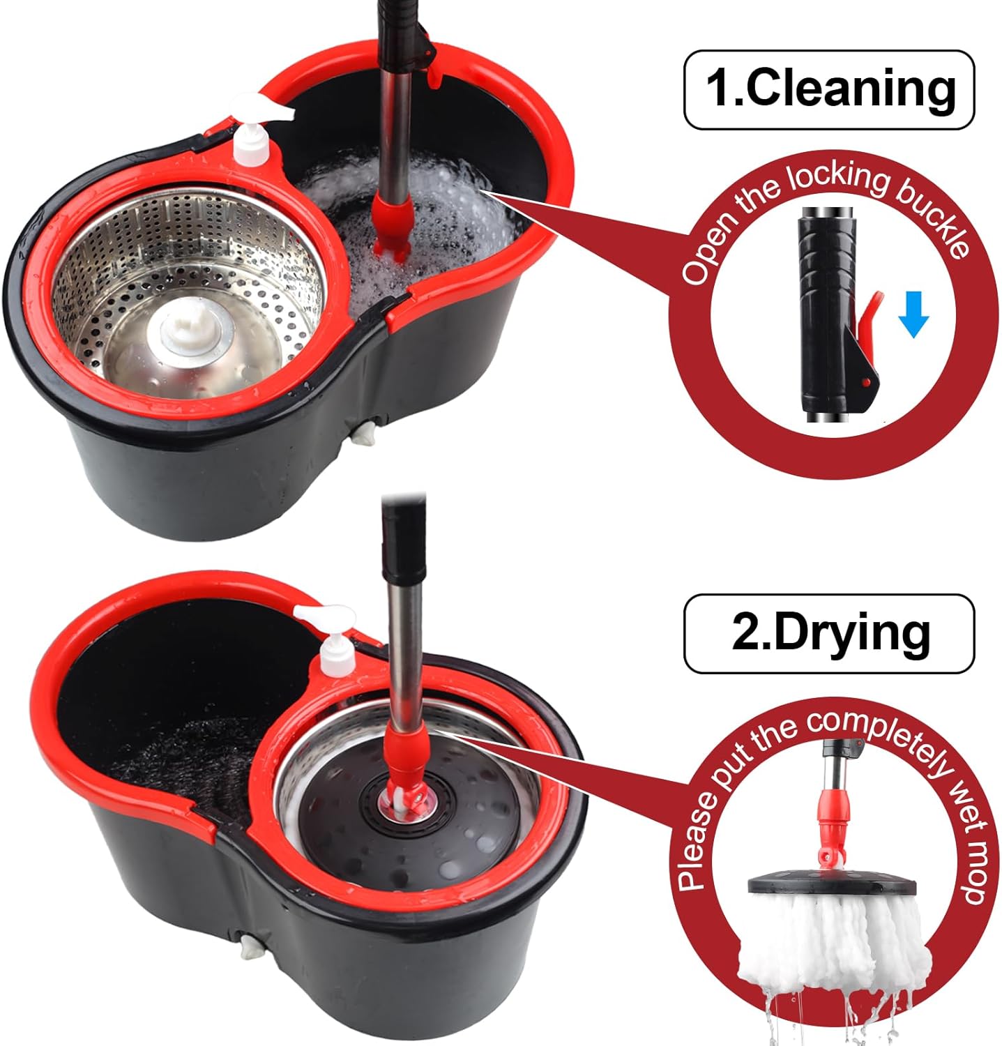 Spin Mop and Bucket with Wringer Set, 360° Spinning Mop Bucket System with 3 Microfiber Mop Replacement Heads, Adjustable Handle for Floor Cleaning (red)