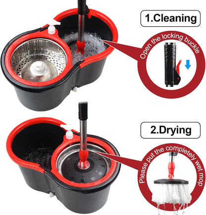 Spin Mop and Bucket with Wringer Set, 360° Spinning Mop Bucket System with 3 Microfiber Mop Replacement Heads, Adjustable Handle for Floor Cleaning (red)