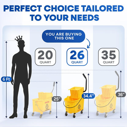 PLASTIC PRINCE Small Mop Bucket with Wringer on Wheels 5 Gallon, Heavy Duty Dual Chamber Mop Bucket Separate Dirty Water, Perfect for Household, 20 Quart Yellow