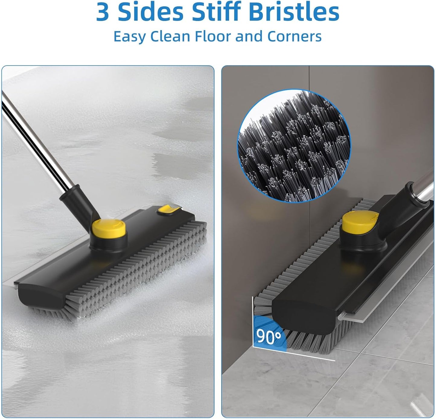 Scrub Brush with Long Handle, Floor Scrub Brush Squeegee Broom for Cleaning, 3 in 1 Shower Scrubber Floor Broom Squeegee for Concrete Tile Wall Deck Patio White