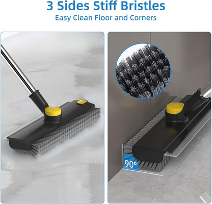 Scrub Brush with Long Handle, Floor Scrub Brush Squeegee Broom for Cleaning, 3 in 1 Shower Scrubber Floor Broom Squeegee for Concrete Tile Wall Deck Patio White