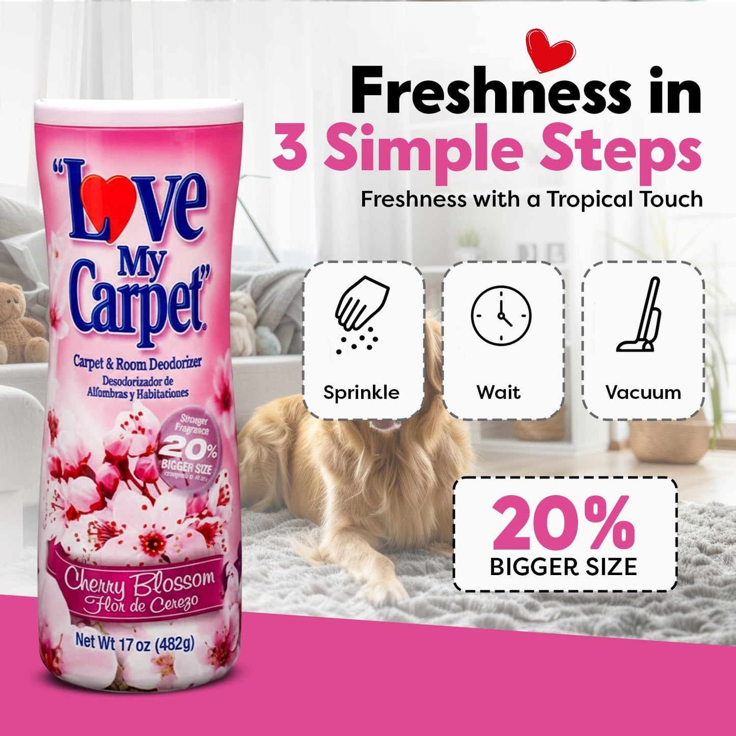 6 Love My Carpet | Carpet Deodorizer & Freshener Powder | 17 oz Pet Odor Eliminator for Strong Odor & Pet Urine | FRESH LINEN | Safe for Homes with Pets