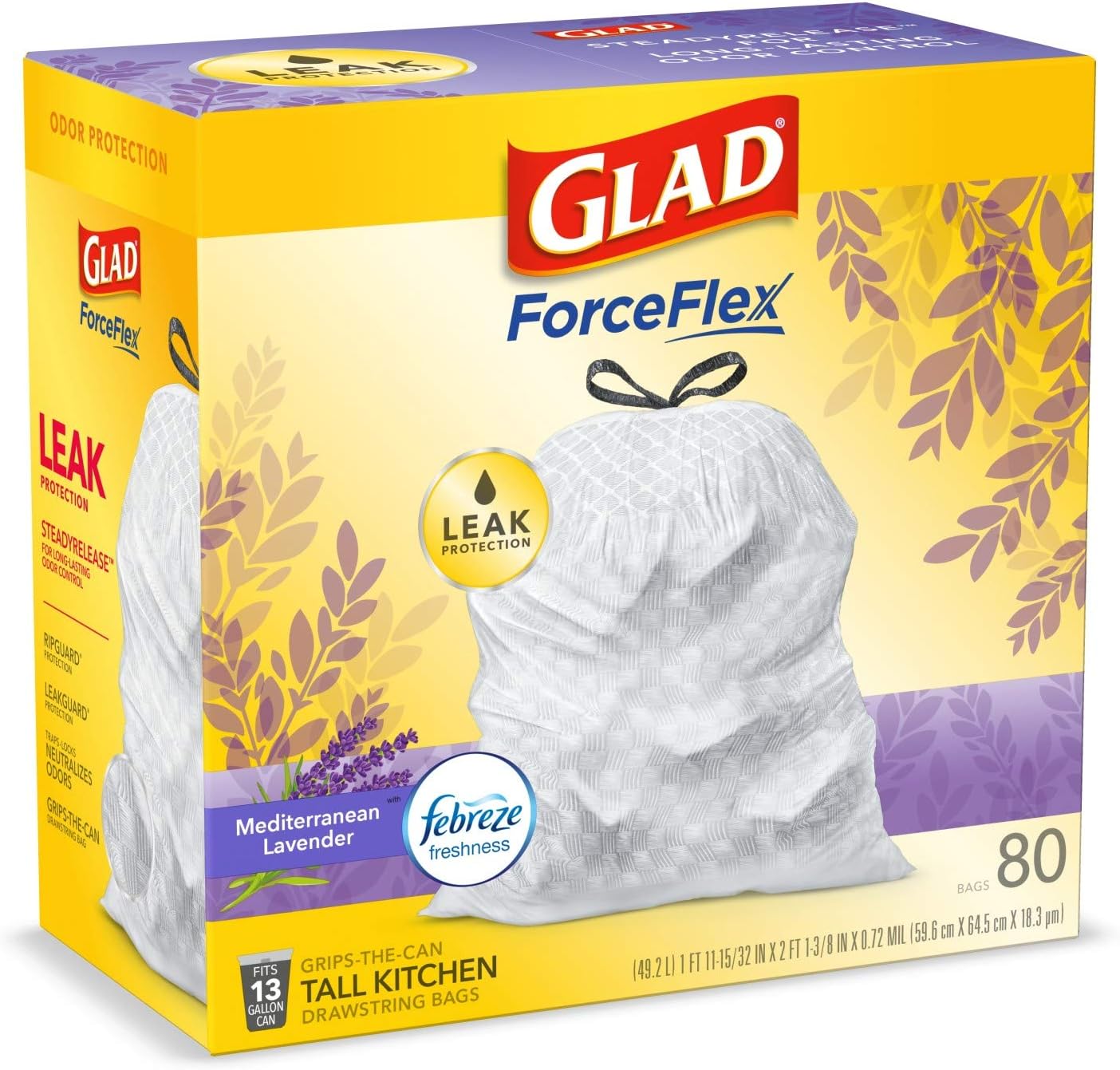 Glad ForceFlex Tall Kitchen Trash Bags, 13 Gal, Gain Lavender with Febreze, 110 Ct (Pack May Vary)