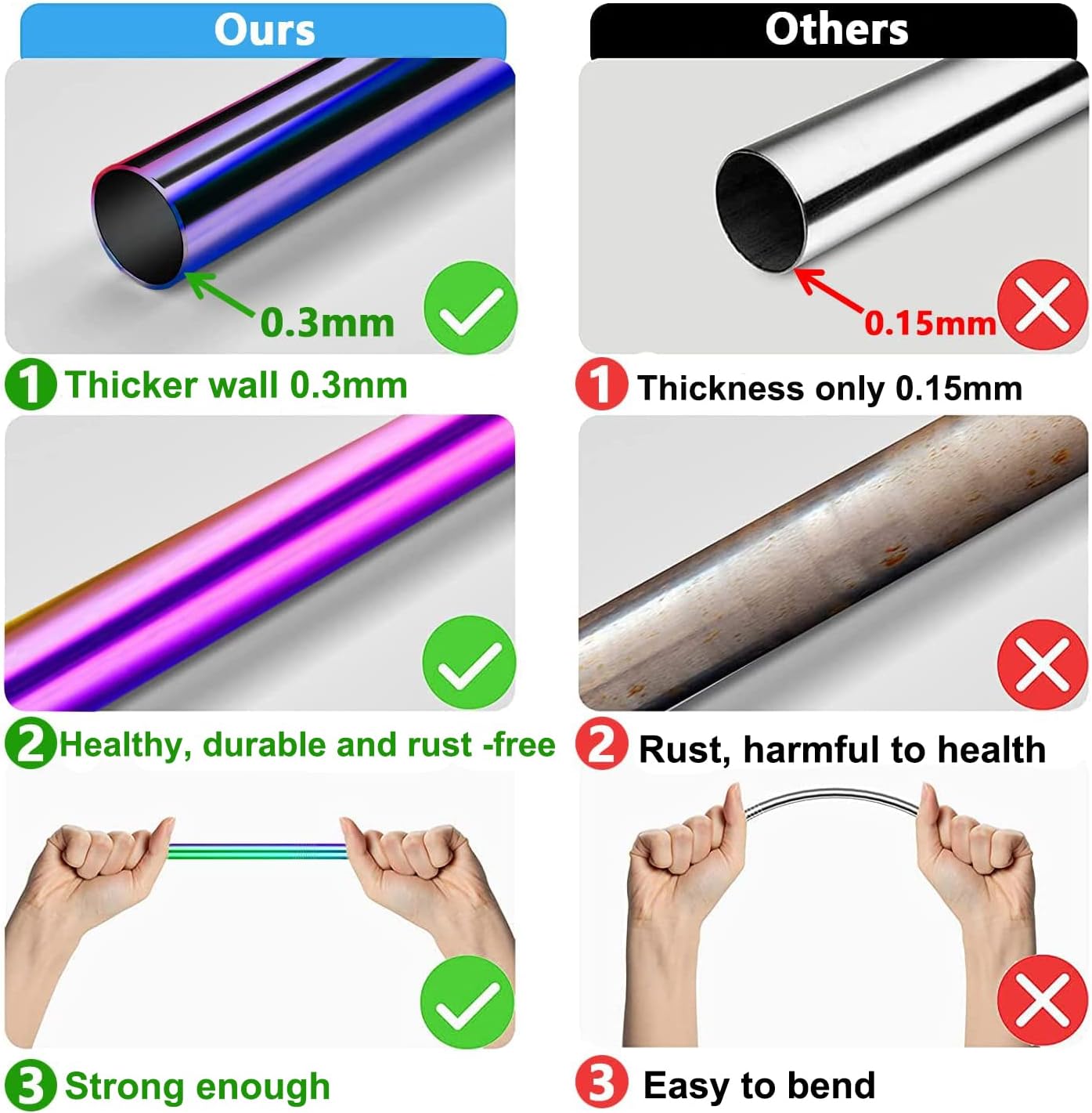 Vinaco Stainless Steel Smoothie Straws, 0.4'' Extra Wide Reusable Metal Drinking Straws for Milkshake, Smoothie, Beverage, Set of 4 with 1 Cleaning Brush