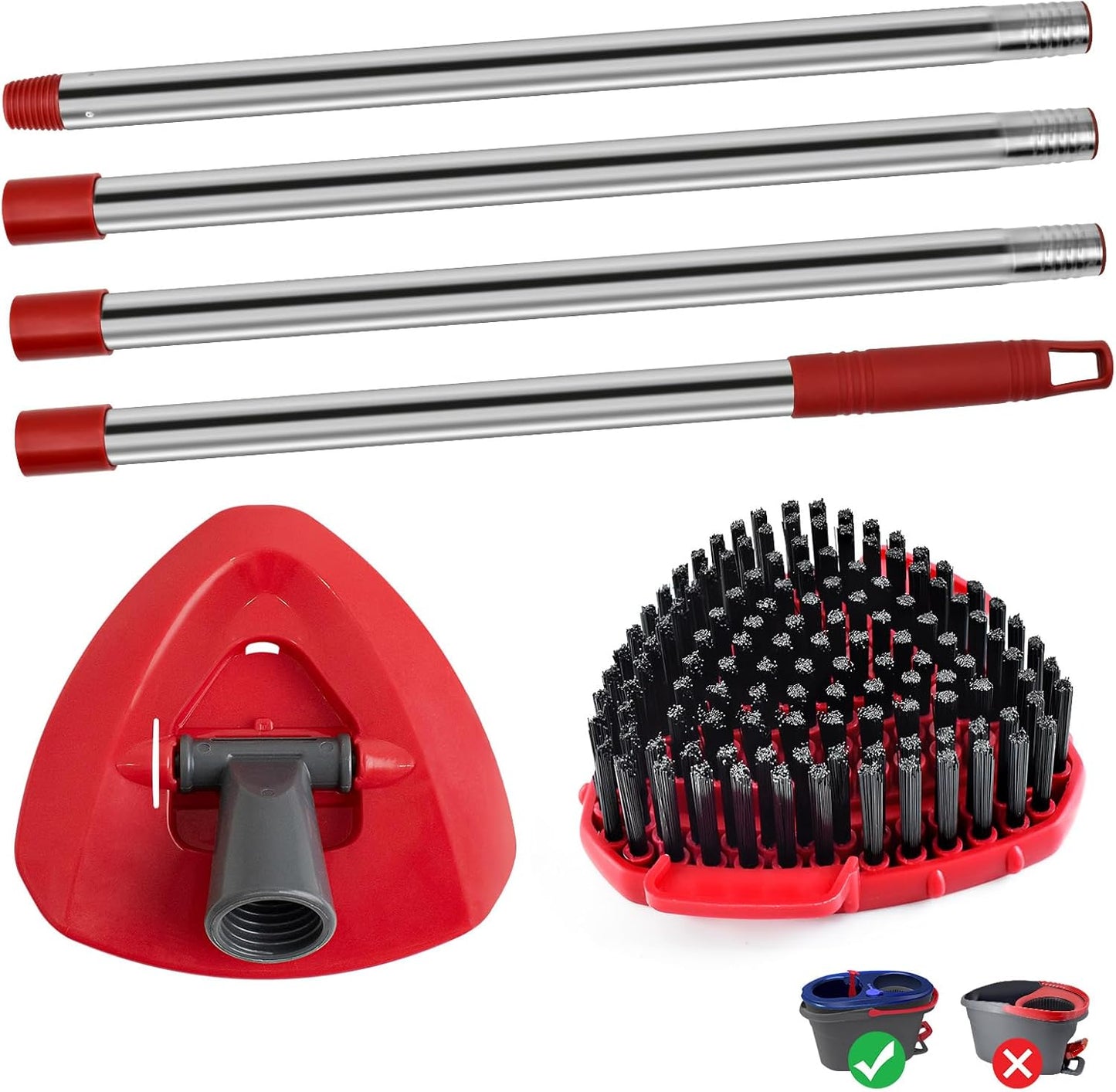4 Part Stainless Steel Spin Mop Handles, Mop Base & Upgrade Scrub Brush Combo for Ocedar EasyWring 1 Tank Spin Mop System, Mop Handle Mop Base & Brush Set for O Cedar Mop, Universal Thin Screw Joints