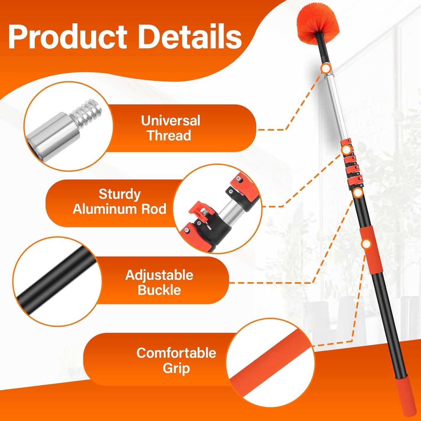 26FT Reach Cobweb Duster with Extension Pole - Spider Web Brush with 5-20 FT Telescopic Aluminum Pole, Washable & Reusable Soft Bristles for Cleaning High Ceiling Corner, Indoor, Outdoor