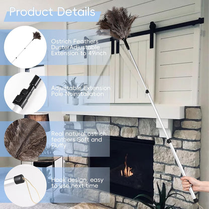 THARAHT Extendable Ostrich Feather Duster up to 27-94 inches Fluffy Feathers Long Handle Reusable for Cleaning Ceiling Fan Pendant lamp High Ceiling Blinds Furniture Feather Duster