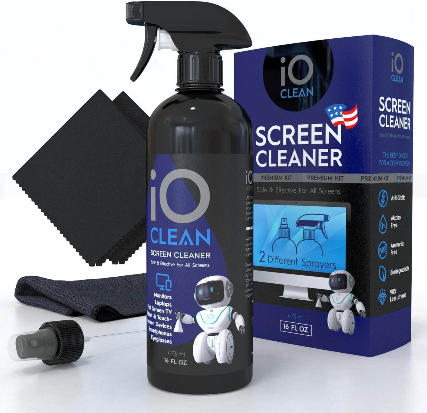 Screen Cleaner Spray (16oz - 473ml) – Best Large Cleaning Kit for LCD LED OLED TV, Smartphone, iPad, Laptop, Touchscreen, Computer Monitor, Electronic Devices, Microfiber Cloth Wipes and 2 Nozzles