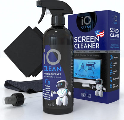 Screen Cleaner Spray (16oz - 473ml) – Best Large Cleaning Kit for LCD LED OLED TV, Smartphone, iPad, Laptop, Touchscreen, Computer Monitor, Electronic Devices, Microfiber Cloth Wipes and 2 Nozzles