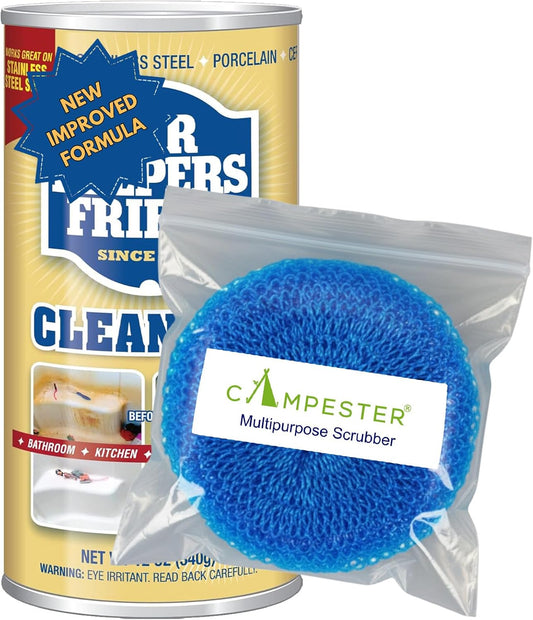 Powdered Cleanser 12 oz with Nylon Scourer Scrubber – Multi-Surface Rust, Stain & Mineral Deposit Remover for Kitchen, Bathroom, Cookware & Appliances