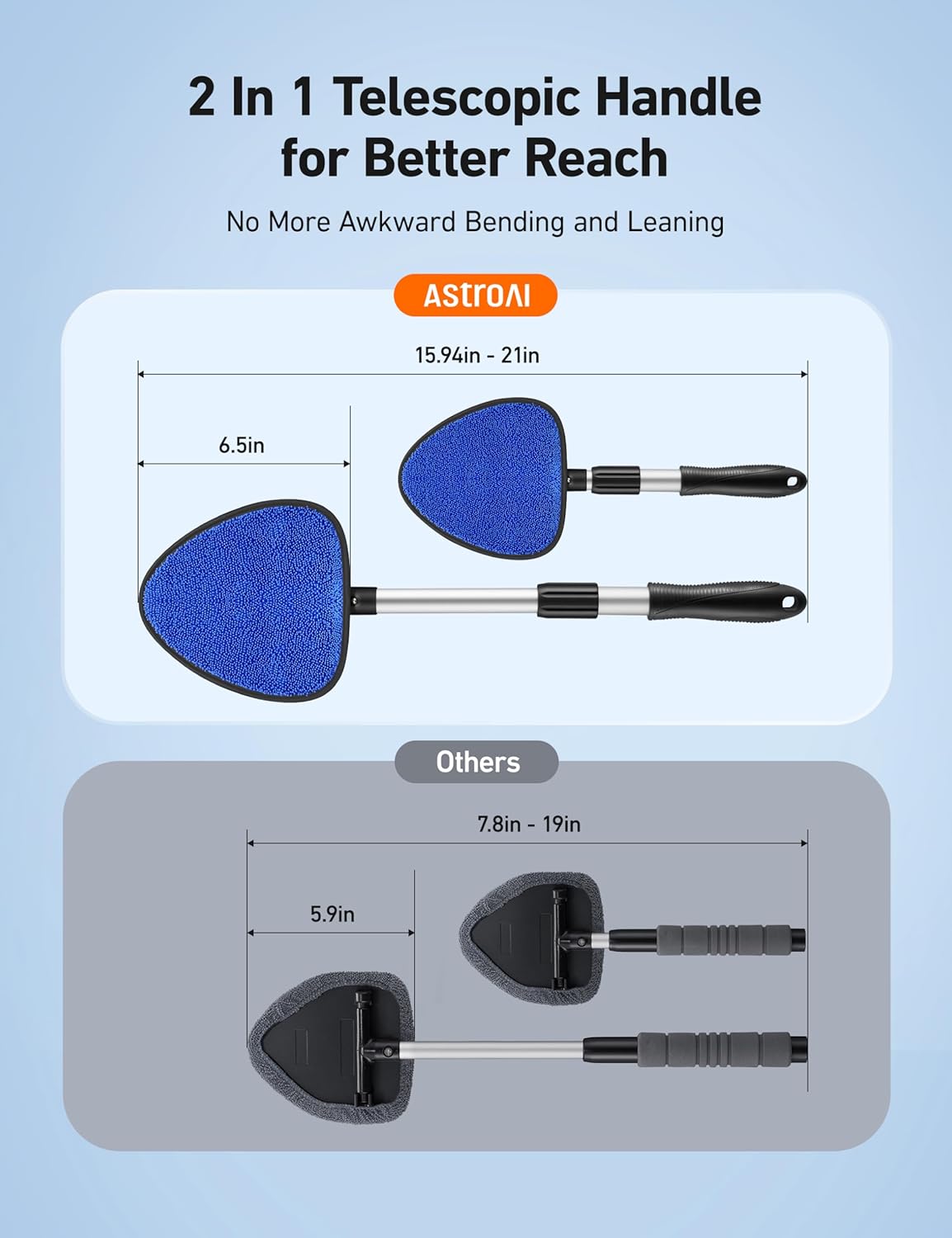 AstroAI Car Windshield Cleaner Tool, Window Cleaning Kit with 39in Car Mirror Squeegee, 4 Reusable Microfiber Pads and Extendable Handle, Blue