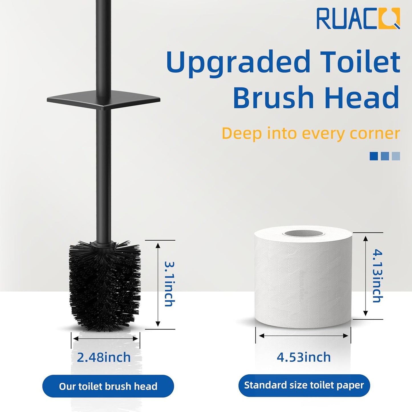 RUACQ Toilet Brush and Holder Set,Square Toilet Bowl Brush for Bathroom with 304 Stainless Steel Handle Toilet Cleaner Brush with Durable Scrubbing Bristles,Splash-Proof (White)