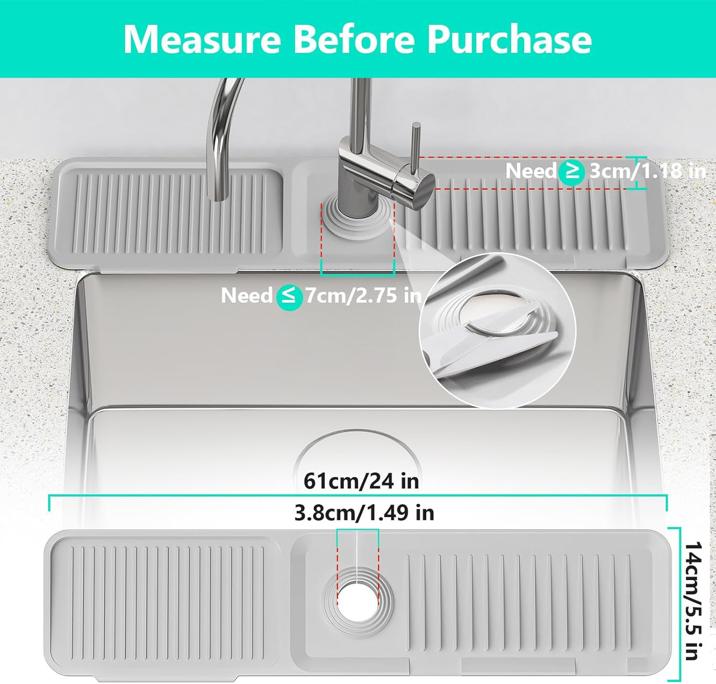 24 Inch Longer Faucet Mat for Kitchen Sink, 5° Slope Fast Self-draining, Kitchen Sink Splash Guard Silicone Sink Faucet Mat Splash Guard Kitchen Sink Area Tidy Splash Faucet Guard Draining Mat