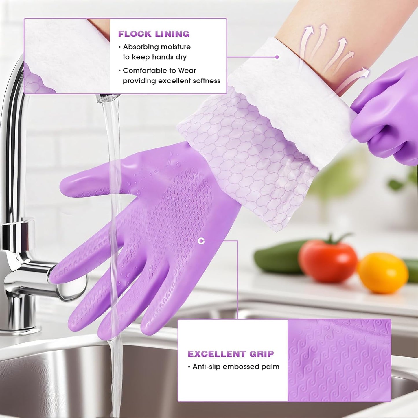 Elgood Reusable Dishwashing Cleaning Gloves with Latex free, Cotton lining,Kitchen Gloves 2 Pairs,Purple+blue Medium