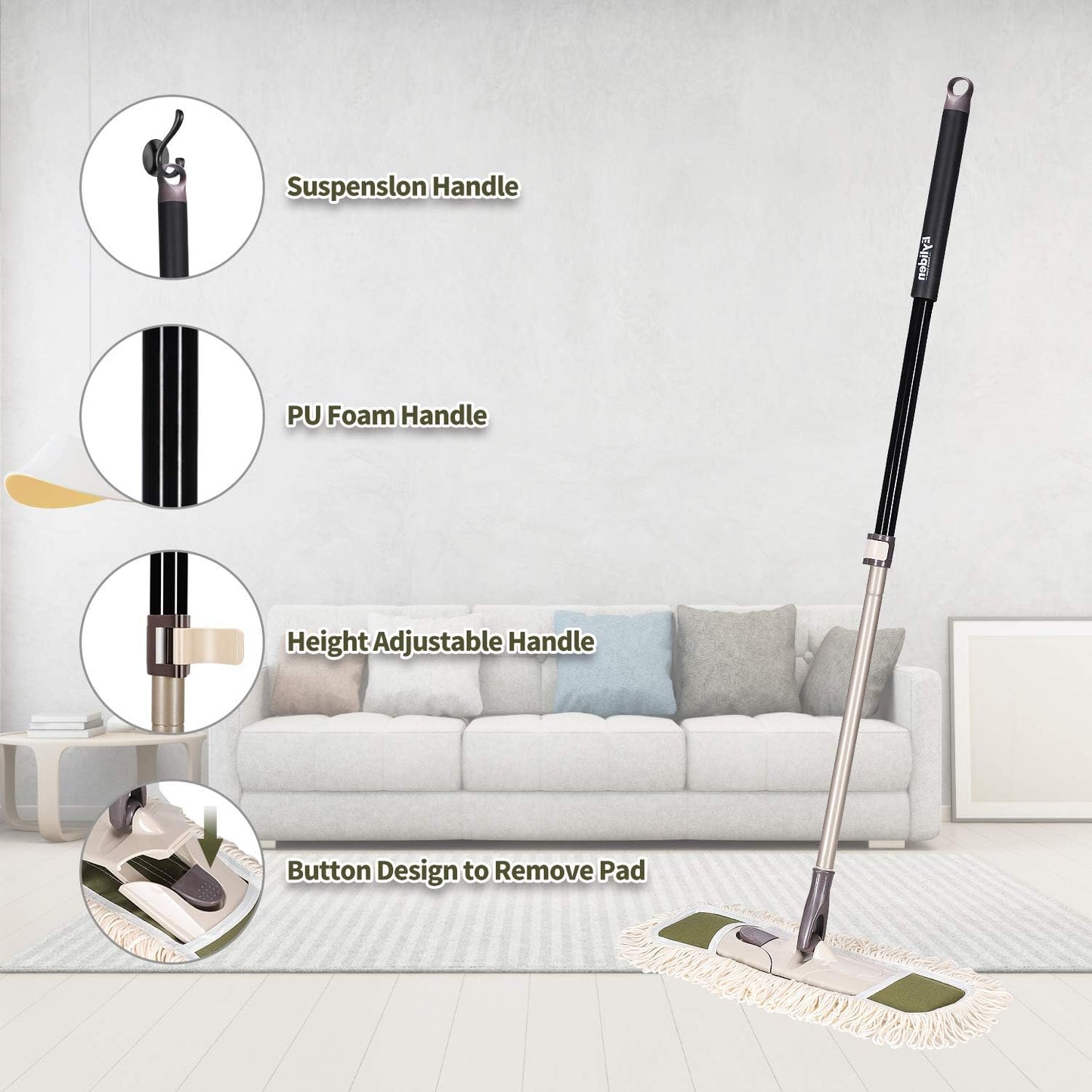 Eyliden Dust Mop with Reusable Washable Pads - One-Touch Pad Release, Height Adjustable Handle, Total 2 Mop Cloths, Wet Dry Mops for Floor Cleaning, Hardwood, Laminate, Tile Floor Push Dust Broom