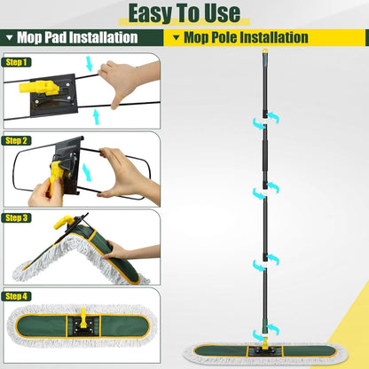 24 Inch Commercial Dust Mop,Heavy Duty Dry Wet Dust Mops Broom for Hardwood Floor, Laminate, Tile, Concrete Cleaning | 60 Extendable Handle & 2 Cotton Mop Heads | Home, Garage, Warehouse Use