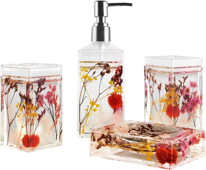 Locco Decor 5 Piece Acrylic Liquid 4D Floating Motion Bathroom Vanity Accessory Set Garden Botanic Green Plants Toothbrush Holder, Tumbler, Soap Dispenser, Soap Dish, Toiletbrush Holder Set