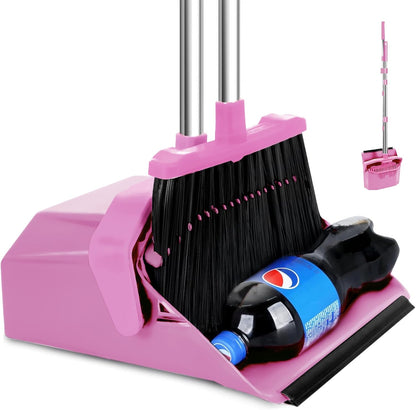 Tiumso Upgrade Broom and Dustpan Set, Broom with Dustpan Combo Sets, Large Brooms and Dust Pan with Handle, Self-Cleaning Dust Pans, Heavy Duty Broom and Dustpans Set for Lobby Kitchen Office - Green