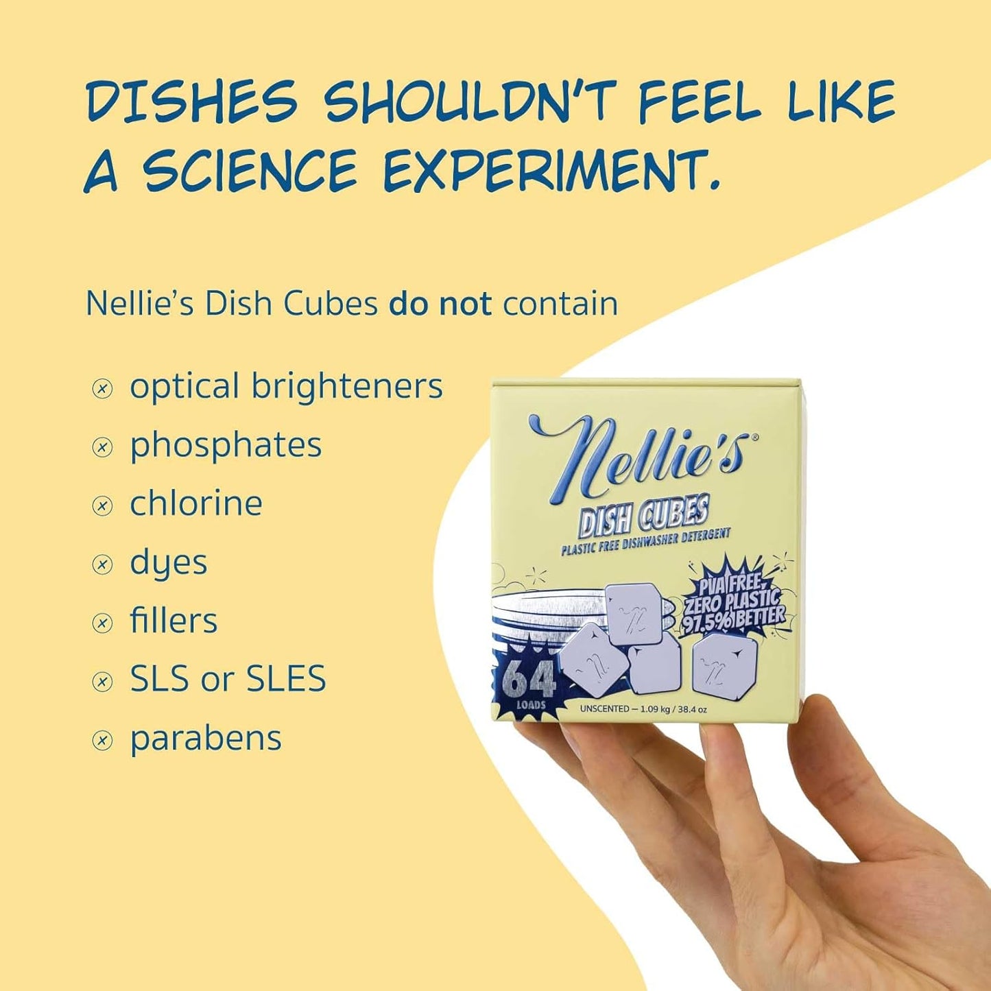 Nellie’s Dish Cubes – 64 Loads Dishwasher Detergent – Concentrated Formula – Plastic-Free Formula (PVA-Free) – Tin Packaging – Powerful Cleaning for Grease & Grime – Made in Canada