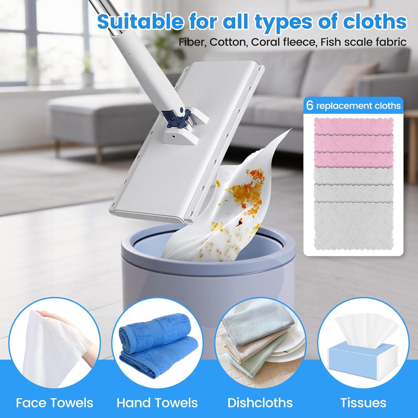Snap Grip Mini Mop with 6 Washable Pads, Dust Mop Household Items for Wall Window Ceiling, Lazy Dry Wet Mops for Floor Cleaning for Home Kitchen Bathroom, Zero-Touch Flat Floor Mops with 47" Handle