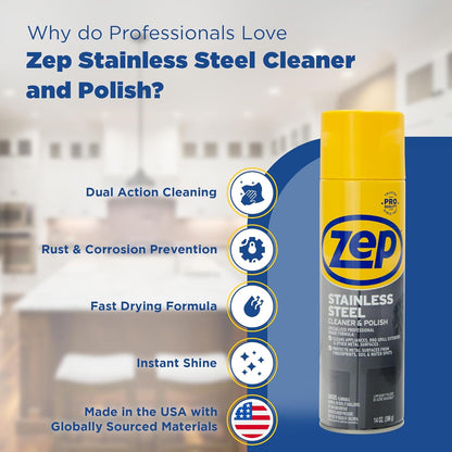 Zep Stainless Steel Cleaner Polish 14 oz (1 unit) & Oven Grill Cleaner 19 oz (1 unit) ECBD004 - Kitchen Cleaning Made Easy for Appliances, Grills, & Ovens