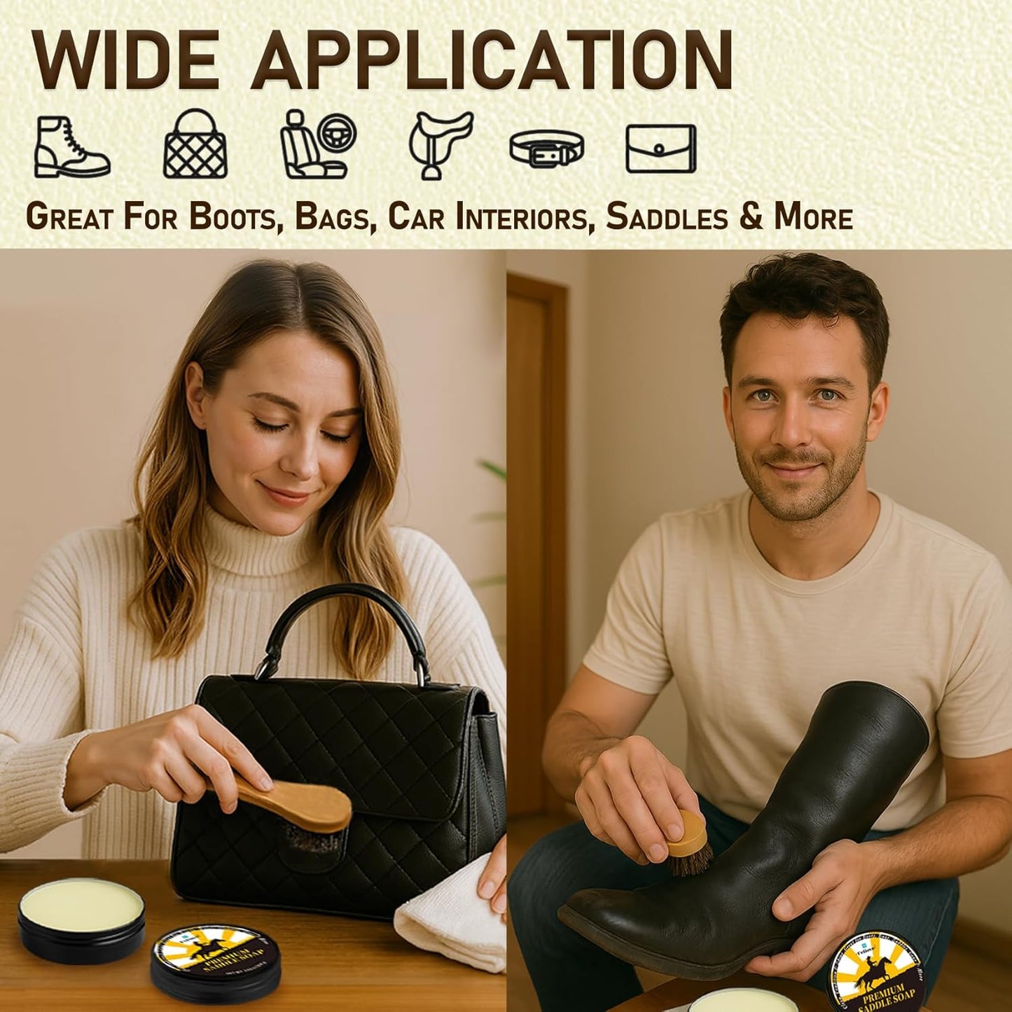 Feilove Saddle Soap for Leather – All-Natural 3-in-1 Leather Cleaner & Conditioner Kit with Horsehair Brush & Cloth – For Boots, Bags, Saddles, Car Interiors, Shoes 3.52oz