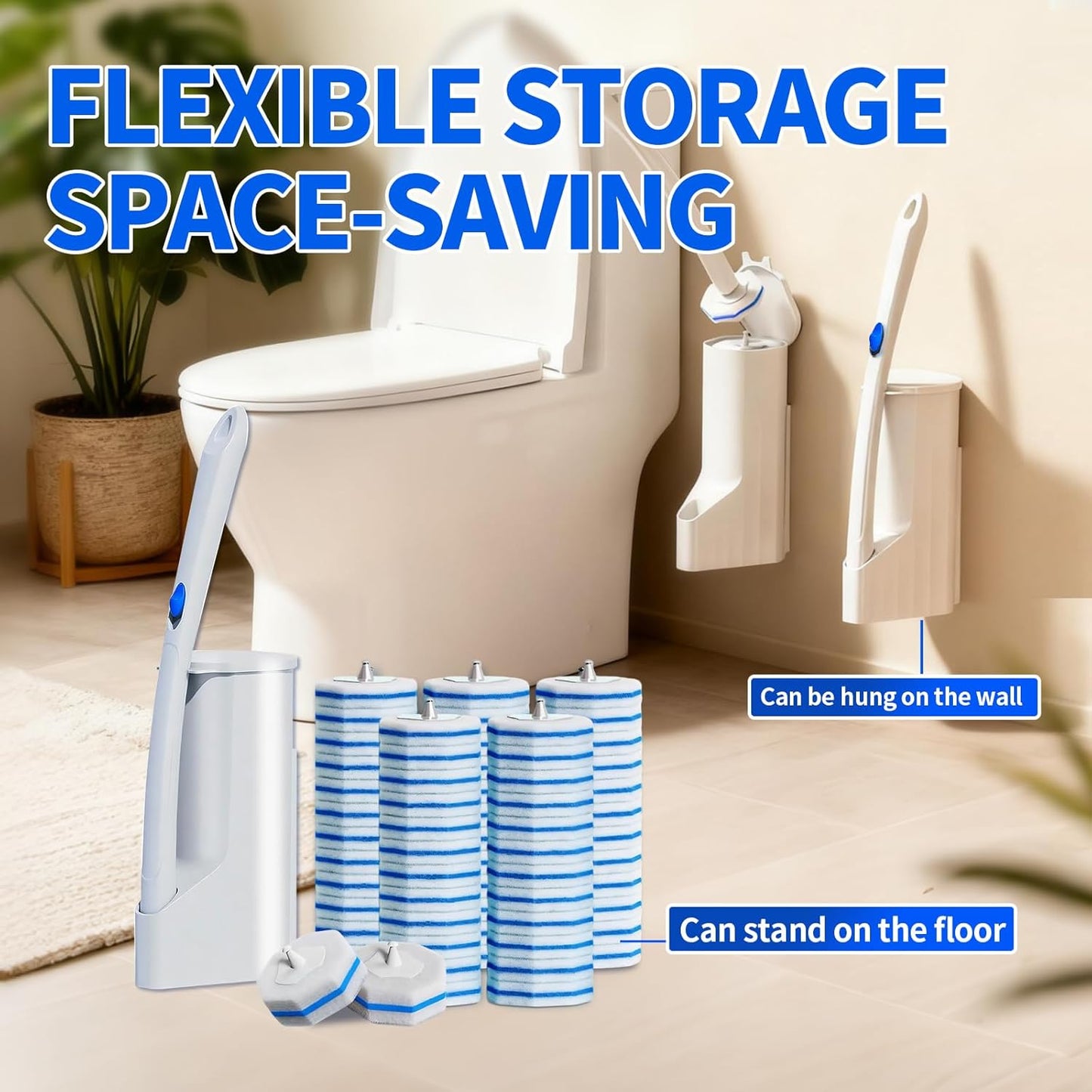 Disposable Toilet Brush Set with 60 Replacement Heads, Toilet Cleaning Replacement Pads, Starter Kit with Storage Case for Deep Cleaning and Hygienic Bathroom Maintenance