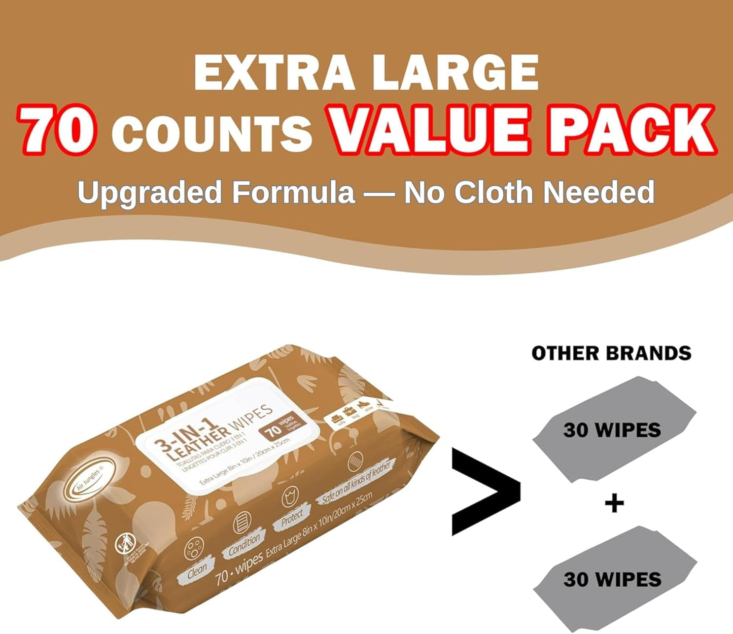 Air Jungles 3in1 Leather Cleaner Wipes 70 Count (Pack of 3), Extra Large 8" x 10" Size, Clean Condition Protect Wipes for Vinyl and Leather Apparel Furniture Auto Car Interior Shoes Boots Bags